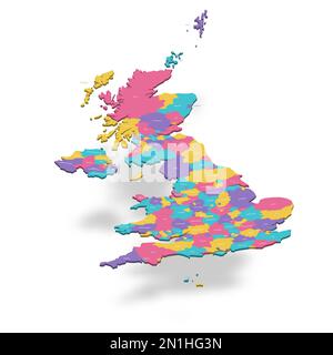 Regno Unito di Gran Bretagna e Irlanda del Nord Mappa politica delle divisioni amministrative: Contee, autorità unitarie e Greater London in Inghilterra, distretti dell'Irlanda del Nord, aree del consiglio della Scozia e contee, distretti e città del Galles. Mappa vettoriale a colori 3D con etichette dei nomi. Illustrazione Vettoriale