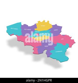 Belgio carta politica delle divisioni amministrative - province. Mappa vettoriale a colori 3D con etichette dei nomi. Illustrazione Vettoriale