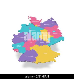Germania carta politica delle divisioni amministrative - stati federali. Mappa vettoriale a colori 3D con etichette dei nomi. Illustrazione Vettoriale