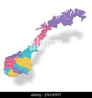 Norvegia carta politica delle divisioni amministrative - contee e città autonoma di Oslo. Mappa vettoriale a colori 3D con etichette dei nomi. Illustrazione Vettoriale