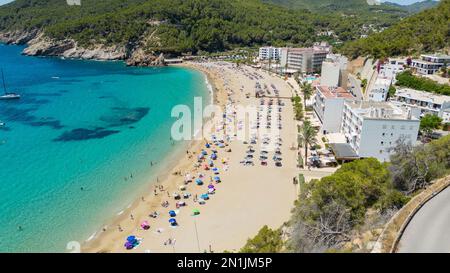 La foto del 14th luglio mostra i fortunati vacanzieri che l'hanno fatta sulla spiaggia di Cala San Vicente, Ibiza, il Giovedi mattina.molti viaggiatori Foto Stock