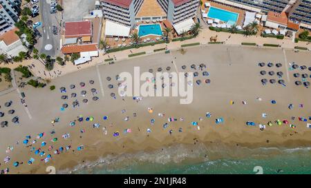 La foto del 14th luglio mostra i fortunati vacanzieri che l'hanno fatta sulla spiaggia di Cala San Vicente, Ibiza, il Giovedi mattina.molti viaggiatori Foto Stock