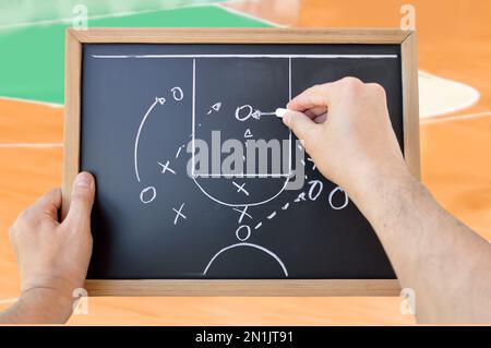 mano di un allenatore di basket che disegna una tattica di gioco con gesso bianco sulla lavagna allo stadio Foto Stock