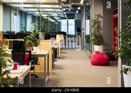 Parte di un ampio ufficio con navata lunga e fila di scrivanie con forniture per gli affari e piante verdi in piedi vicino alle pareti e sui luoghi di lavoro Foto Stock