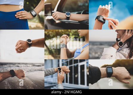 Foto di persone che utilizzano diversi orologi intelligenti, primo piano. Design collage Foto Stock