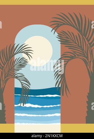 Paesaggio marocchino con vista mare e poster palme. Architettura di stile minimalista. Illustrazione Vettoriale