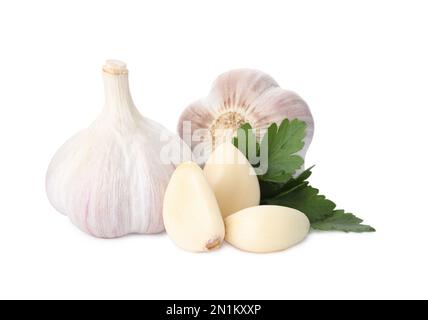 Bulbi d'aglio fresco e spicchi con prezzemolo su fondo bianco. Cibo biologico Foto Stock