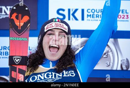 Meribel, Francia. 06th Feb, 2023. Sci alpino: Campionato del mondo: Combinato, donne: Federica Brignone, Italia, al traguardo dopo lo slalom in Alpine combinato. I Campionati mondiali di sci si terranno a Courchevel e Meribel nelle Alpi francesi Credit: Michael Kappeler/dpa/Alamy Live News Foto Stock