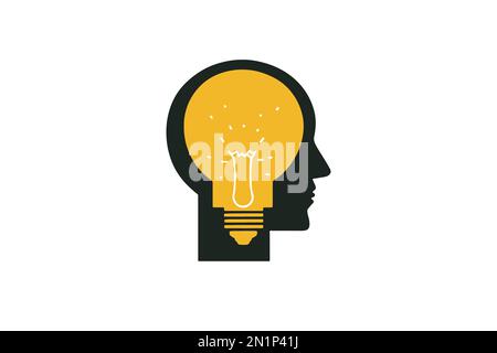 Concetto di creatività mentale. Testa uomo Vector con bulbo luminoso interno Illustrazione Vettoriale