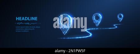 Perni. Astratto tre icone puntine con linea isolata in blu. Trasporto consegna, mappa posizione, logistica di trasporto, turismo navigare, concetto. Illustrazione Vettoriale