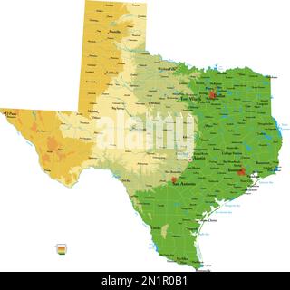 Mappa fisica molto dettagliata del Texas, in formato vettoriale, con tutte le forme di rilievo, regioni e grandi città. Illustrazione Vettoriale