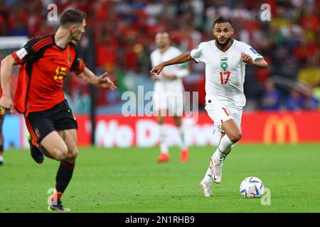 Sofiane Boufal durante la Coppa del mondo FIFA Qatar 2022 Group F match tra Belgio e Marocco al Thumama Stadium il 27 novembre 2022 a Doha, Qatar. (Supporto MB foto) Foto Stock