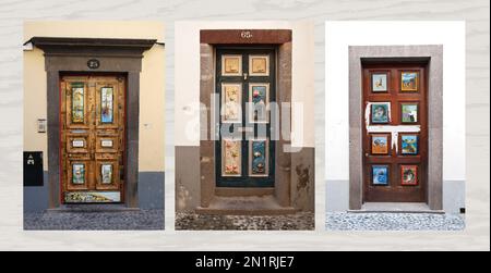 Le porte dipinte di Rua de Santa Maria illuminano una delle strade più antiche di Funchal. Qui i pannelli delle porte hanno dipinti individuali. Foto Stock