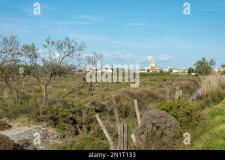 Paesaggio della Camargue con il villaggio di Saintes-Maries-de-la-Mer e la sua chiesa nelle Bocche del Rodano, Francia meridionale Foto Stock