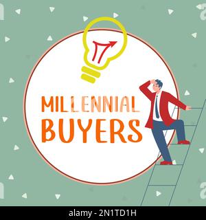 Cartello di testo che mostra gli acquirenti Millennial. Idea di business tipo di consumatori interessati a prodotti di tendenza Foto Stock