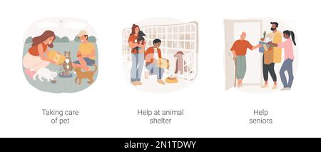 Attività di volontariato set isolato di illustrazioni vettoriali cartoni animati. Nutrire i cani, prendersi cura di animali domestici senza casa, riparo animale, volontariato a homer infermieristico, aiutare le persone anziane, stile di vita vettore cartoon. Illustrazione Vettoriale
