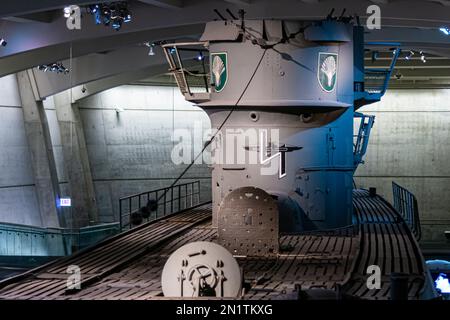 Chicago, il, USA - 6 febbraio 2023: Sottomarino catturato tedesco U-505 Unterseeboot (U-Boat) che è attualmente di proprietà e in mostra al Museo di Sci Foto Stock