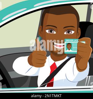 Uomo con patente di guida. Scuola guida. Giovane uomo attraente sorridente ha superato con successo il test della scuola guida con patente di guida. Foto Stock