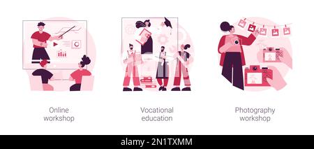 Set di illustrazioni vettoriali per concetti astratti di apprendimento professionale. Workshop online, formazione professionale, fotografia post-elaborazione e creazione di portfolio, gruppo di studenti, metafora astratta del college. Illustrazione Vettoriale