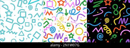 Set di divertenti coloratissime linee con motivo senza cuciture. Creativa collezione di sfondo astratto per bambini o festive design. Semplice Illustrazione Vettoriale