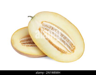 Metà di delizioso melone maturo isolato su bianco Foto Stock