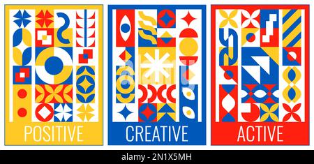 Retro abstract geometric posters set. Futuristic bauhaus style in Mondrian art colors. Positive creative active motivate flyers. Vintage exhibition br Illustrazione Vettoriale