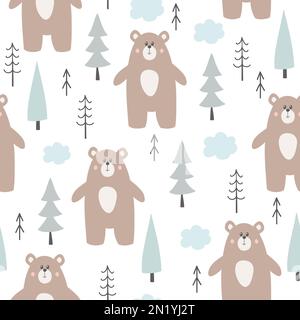 Motivo senza cuciture con un grazioso orso. Sfondo per bambini con orsi, alberi e nuvole Foto Stock