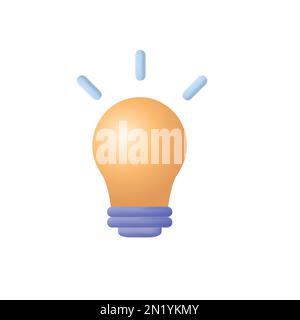 Lampadina con raggi dorati isolata su sfondo bianco. 3d rappresentazione vettoriale realistica in stile cartoon moderno e minimale. Plastica lucida creativa co Illustrazione Vettoriale