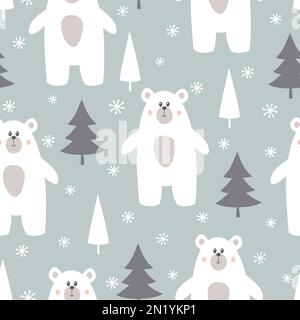 Carino orso polare senza cuciture modello. Sfondo invernale con orsi, alberi e fiocchi di neve. Foto Stock