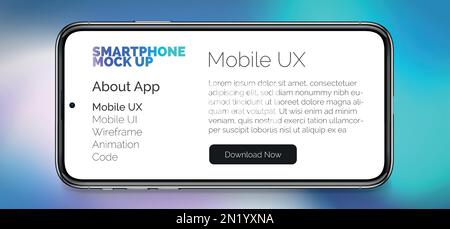 Simulazione orizzontale dello smartphone per infografiche o interfaccia di progettazione dell'interfaccia utente su sfondo astratto blu. Cornice per smartphone Vector 3D con mockup dello schermo dell'interfaccia di presentazione Web Illustrazione Vettoriale
