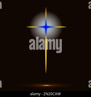 Simbolo della croce cristiana d'oro nei colori della bandiera Ucraina su sfondo nero. Guerra in Ucraina, salvare il concetto Ucraina. Icona della croce fuoco incandescente, illustrazione Foto Stock