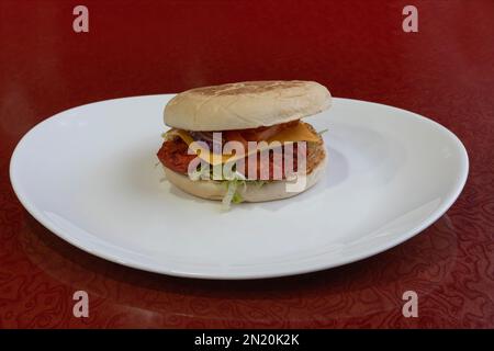 Medio Oriente dishe culinary Still Life. Hamburger di pollo Tikka con formaggio cheddar e insalata Foto Stock