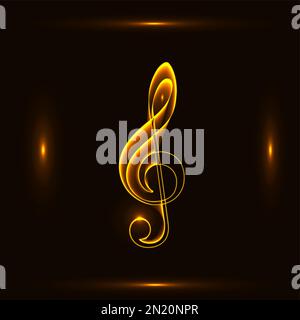 Icona clef degli acuti del fuoco dorato isolata su sfondo nero. Icone vettoriali musicali per siti web, applicazioni musicali e scopi di decorazione Illustrazione Vettoriale