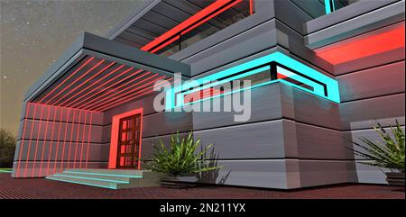 Elementi di design luminosi dell'ingresso ad una casa privata suburbana di notte. Linee incandescenti diritte rosse sul portico. Illuminazione individuale fe Foto Stock