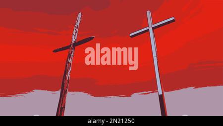 Due croci si ergono in alto sulla collina sotto un cielo rosso sangue. Illustrazione Vettoriale