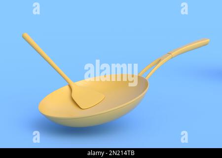 Padella con coperchio in vetro e turner solido in silicone su sfondo monocromatico. 3d render di utensili da cucina antiaderenti Foto Stock
