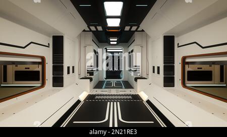 Futuristico fantascienza spazio nave corridoio interno con pareti bianche e porta aperta al pozzetto. Illustrazione 3D. Foto Stock