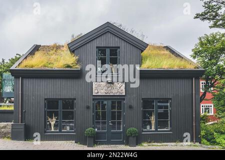 Casa di legno nero con tetto coperto di erba, nel centro di Reykjavik, Islanda Foto Stock