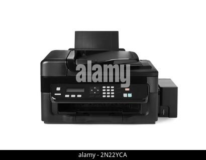 Stampante laser compatta su una scrivania nera con sfondo sfocato Foto stock  - Alamy