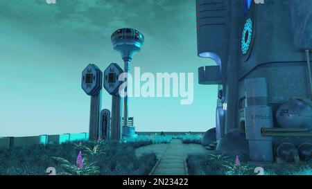 3D-illustrazione di una città aliena e architettura scifi da qualche parte nella galassia Foto Stock