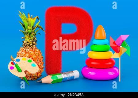 ABC bambini, soffice lettera P con matita, pinwheel, piramide giocattolo, pennello, ananas, Rendering 3D su sfondo blu Foto Stock