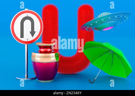 Kids ABC, soffice lettera U con ombrello, UFO, U Turn segno, urn. Rendering 3D su sfondo blu Foto Stock