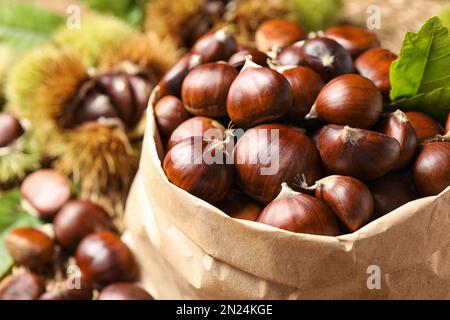 Castagne fresche dolci commestibili in sacchetto di carta, primo piano Foto Stock