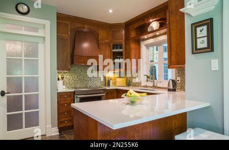 Cucina con pavimento in ardesia dai toni terrosi, armadi in legno di ciliegio e isola con ripiano in quarzo bianco all'interno di una casa di stile contemporaneo. Foto Stock