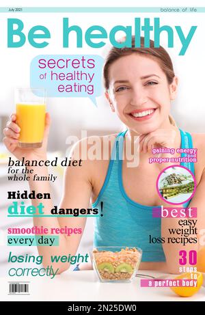 Essere sano copertina rivista design. Giovane donna snella che fa colazione sana Foto Stock