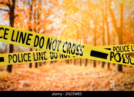 Nastro giallo della polizia che isola la scena del crimine. Vista sfocata del parco autunnale Foto Stock