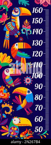 Tabella altezza bambini con cartoni animati uccelli toucan brasiliani. Misuratore di crescita vettoriale con colorati uccelli tropicali divertenti in stile tradizionale alebrije messicano. Adesivo da parete per bilancia di misurazione dell'altezza per bambini Illustrazione Vettoriale