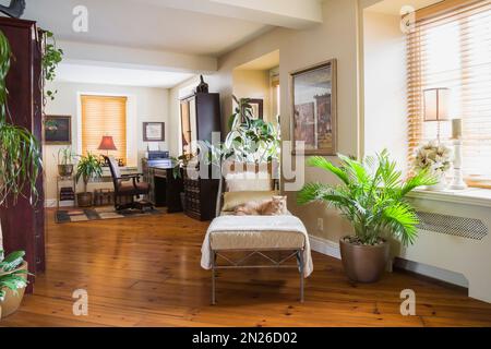 Ufficio domestico con poltrona in pelle marrone e scrivania nell'angolo del soggiorno all'interno della vecchia casa ristrutturata nel 1840 circa. Foto Stock