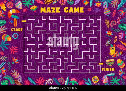 Labirinto gioco labirinto, aiutare il toucan brasiliano a trovare l'uscita. Kids foglio di lavoro vettoriale modello, gioco di bordo con percorso, inizio, fine e cartoon alebrije uccelli personaggi. Bambini educativi indovinello, attività Illustrazione Vettoriale
