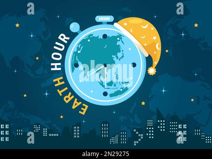 Happy Earth Hour Day Illustration con lampadina, mappa del mondo e tempo di spegnimento in Flat Sleep Cartoon modelli di landing page disegnati a mano Illustrazione Vettoriale